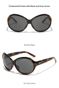 Detailed front and 45-degree side view of tortoise frame sunglasses with dark grey lenses