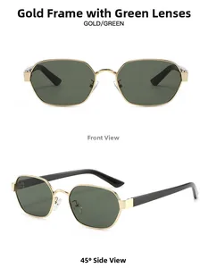 Close-up of polygon sunglasses with gold metal frame and dark green lenses in dual views