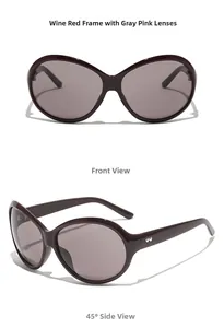 Front and side views of wine red oversized sunglasses with metallic heart detail