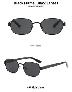 Front and side views of stylish polygonal sunglasses with black frames and grey lenses