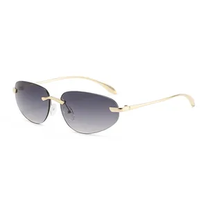 Y2K randlose Metall-Sonnenbrille mit ovalen Verlaufsgläsern und schicken goldenen Bügeln