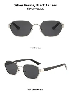 Front and 45-degree views of silver metal polygonal sunglasses with dark grey polarized lenses