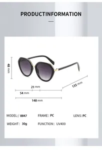 Detailed dimension guide for polygon sunglasses showing UV400 PC frame and lens specs