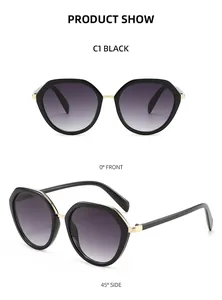 Front and side views of black hexagonal frame sunglasses with golden metal accents