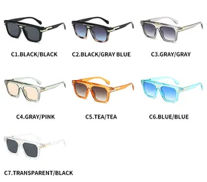 Détail de lunettes de soleil carrées en sept coloris avec accents en métal doré