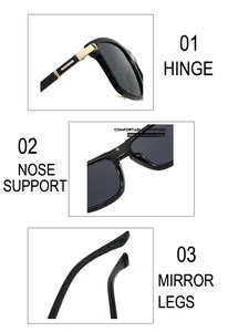 Detailed views of the metal hinge, soft nose pads and anti-slip temple of the sunglasses