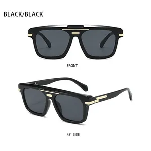 Vues frontale et latérale de lunettes de soleil vintage noires avec accents métalliques