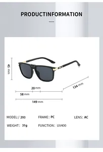 Detailed dimension chart for vintage square metal aviator sunglasses with UV400 specs