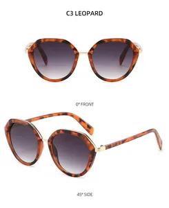 Detailed front and side views of leopard print sunglasses with gradient purple lenses