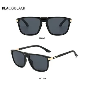 Front and 45-degree side views of black square aviator sunglasses with gold metal bridge