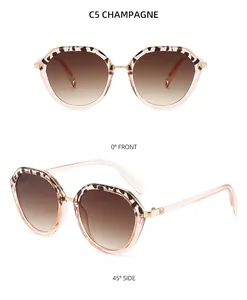 Detailed front and side views of champagne polygon sunglasses with leopard print accents