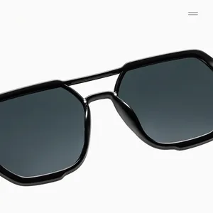Detailed close-up of high-gloss double bridge and geometric frame on black sunglasses
