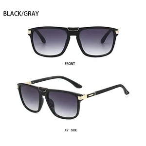 Detail view showing front and side angles of black square aviator sunglasses with gold accents