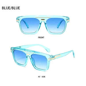 Vue détaillée des lunettes de soleil bleu dégradé avec accents en métal doré