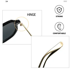Detail view of strong metal hinges and comfortable temple tips of square sunglasses