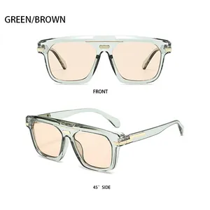 Vues de face et de profil de lunettes de soleil carrées vertes avec verres bruns et métal