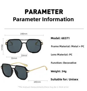 Detailed size specifications for square frame sunglasses with metal and PC materials