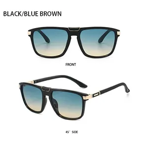 Detail of square pilot sunglasses with black frames and blue-brown gradient lenses
