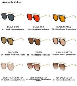 Matrix of nine square double-bridge sunglasses in various frame and lens color options