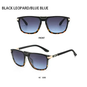 Detail of square pilot sunglasses with black leopard frame and blue gradient lenses