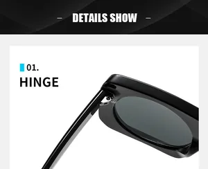 Detalle de la bisagra y la montura negra brillante de estas gafas de sol cuadradas