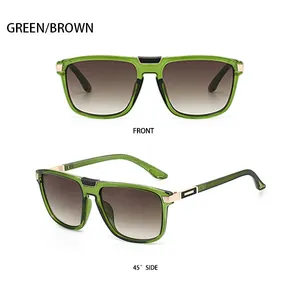 Detail view of retro flight sunglasses with green frames and gradient brown lenses
