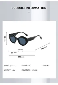 Detalles del modelo 5712 gafas de sol con montura PC UV400 y dimensiones precisas