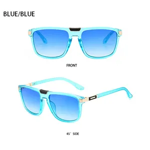 Close-up of blue transparent sunglasses with gold metal accents and gradient lenses