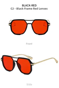 Front and side views of square sunglasses with black frames and red tinted lenses