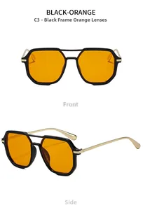 Detail view of retro square black frames with orange transparent lenses and gold temples