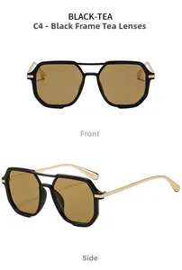 Detail view of square sunglasses with black frames, amber lenses and golden metal temples