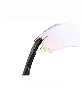 Detailed close-up of sport sunglasses showing sturdy hinges and CE mark on matte temples