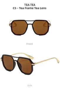 Detail view of square tea sunglasses with golden metal temples and tea-colored lenses