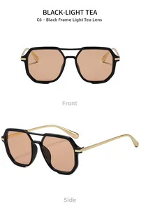 Detail of square sunglasses with black frame, tea lenses and golden metal temples