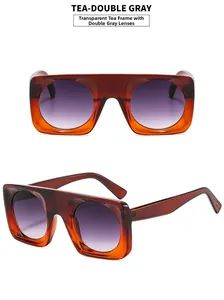 Vista frontal y lateral de gafas de sol cuadradas oversize con montura color té ámbar