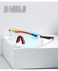 Close-up of polarized cycling sunglasses with colorful lenses and red nose pads