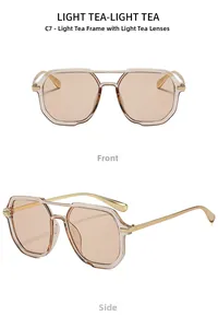 Detail view showing front and side profile of square light tea sunglasses with golden metal temples