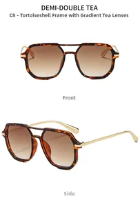 Front and side views of tortoise shell square sunglasses with gradient brown lenses