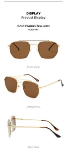 Detailed views of gold metal pilot sunglasses with tea lenses from multiple angles