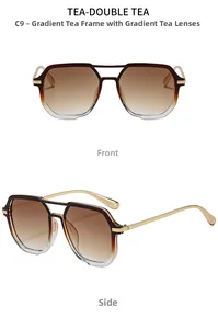 Detail view showing C9 gradient tea lenses and golden metal temples on square sunglasses