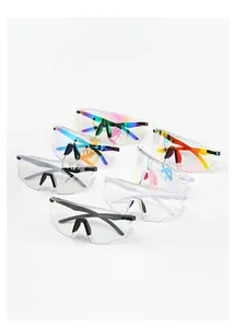 Detail shot of multi-color cycling goggles with CE marking and ergonomic non-slip nose pads