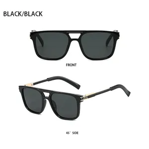 Detail view of black double-bridge sunglasses with gold woven texture on metal hinges