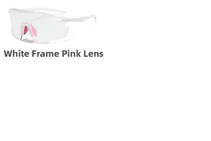 Close-up of white frame cycling sunglasses with pink mirrored lenses and side vents