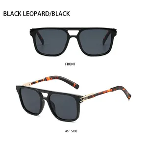 Detailed front and 45-degree side views of square sunglasses with leopard print temples