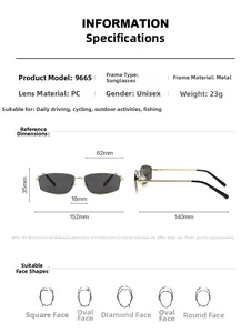 Detailed size chart for rectangular metal sunglasses with 152mm frame width and 35mm height