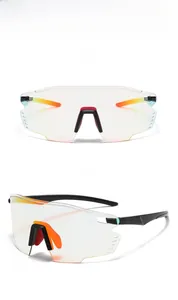 Detail view of black frame cycling glasses with red mirrored lens and side air vents