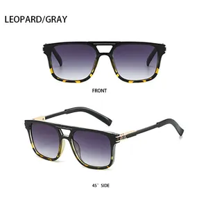 Front and side view of double-bridge aviator sunglasses with leopard frame and gradient lenses
