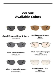 Collection of rectangle metal sunglasses in gold, silver, and black frames with multi-color lenses