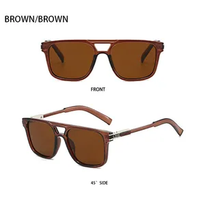 Detailed front and side views of brown double-bridge square sunglasses with silver metal accents