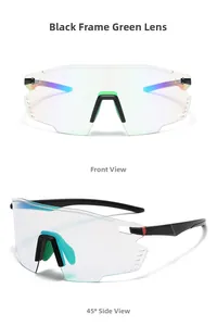 Front and 45-degree side views of black cycling glasses with green coated lenses